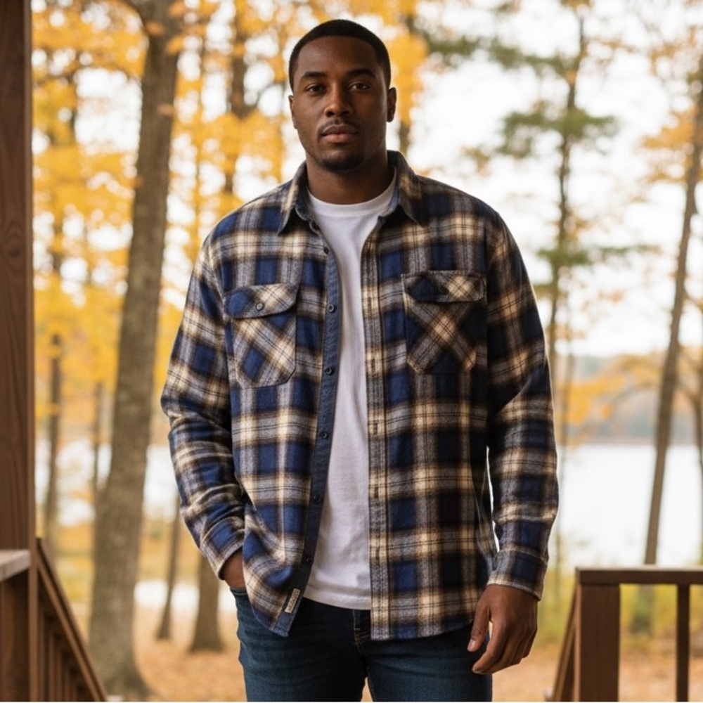 Andhurst Plaid Flannel Shirt Blue Brown Cotton Mens XL